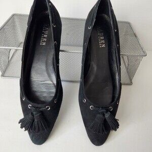 Lauren Ralph Lauren Flats Leather Black Suede  Tassles Size 7B Marcella